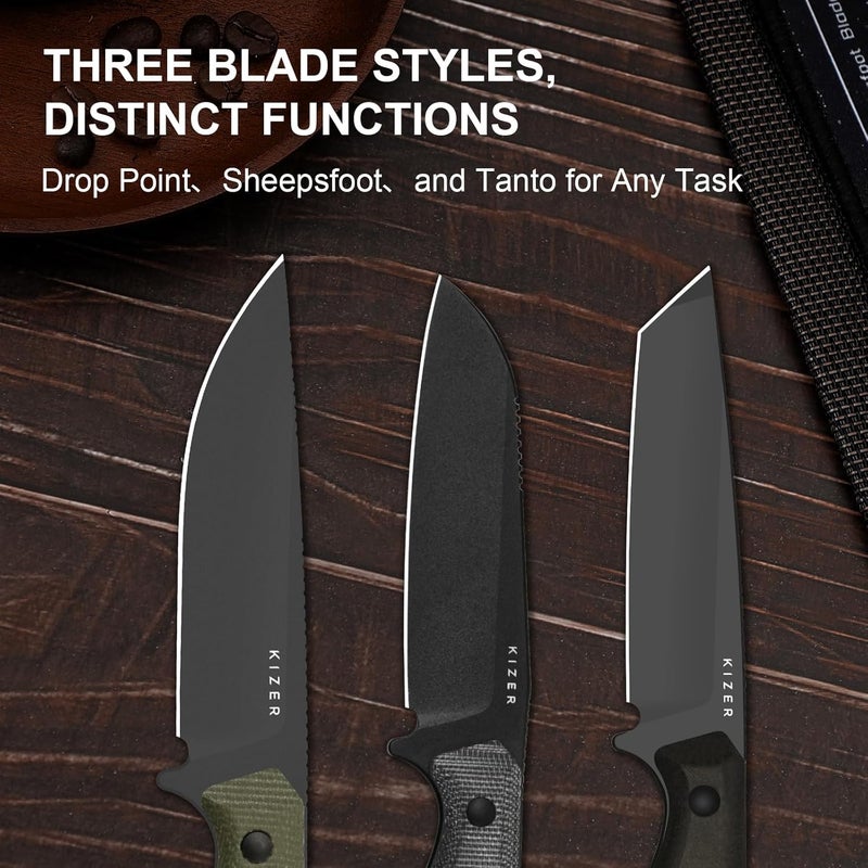 KIZER Begleiter Fix Fixed Blade Knife, 3.78" Drop Point D2 Blade Hunting Knives with Kydex Sheath, Green Micarta Handle EDC Knife for Camping Hunting Survival 1045MD3 - Image 2